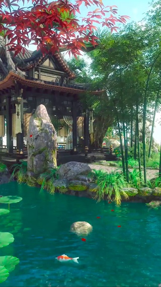 庭楼流水绿荷