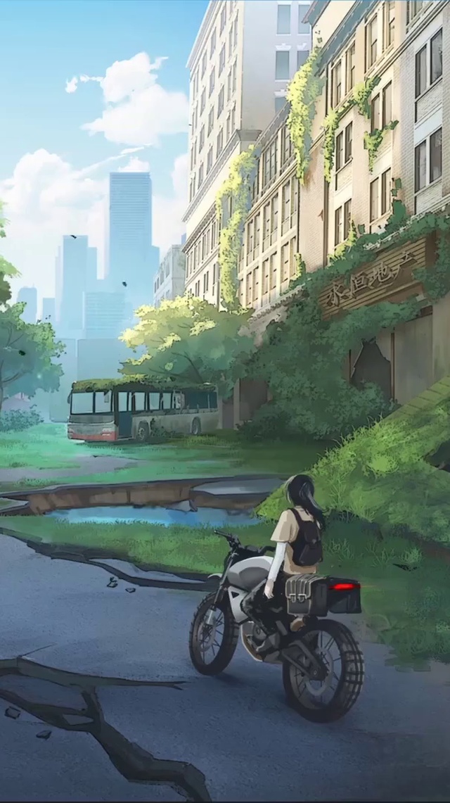 废弃城市摩托车少女