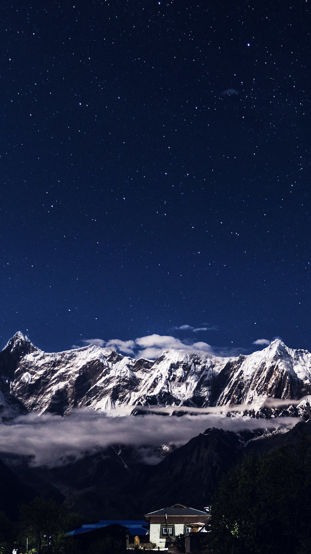 星空,城鎮,雪山