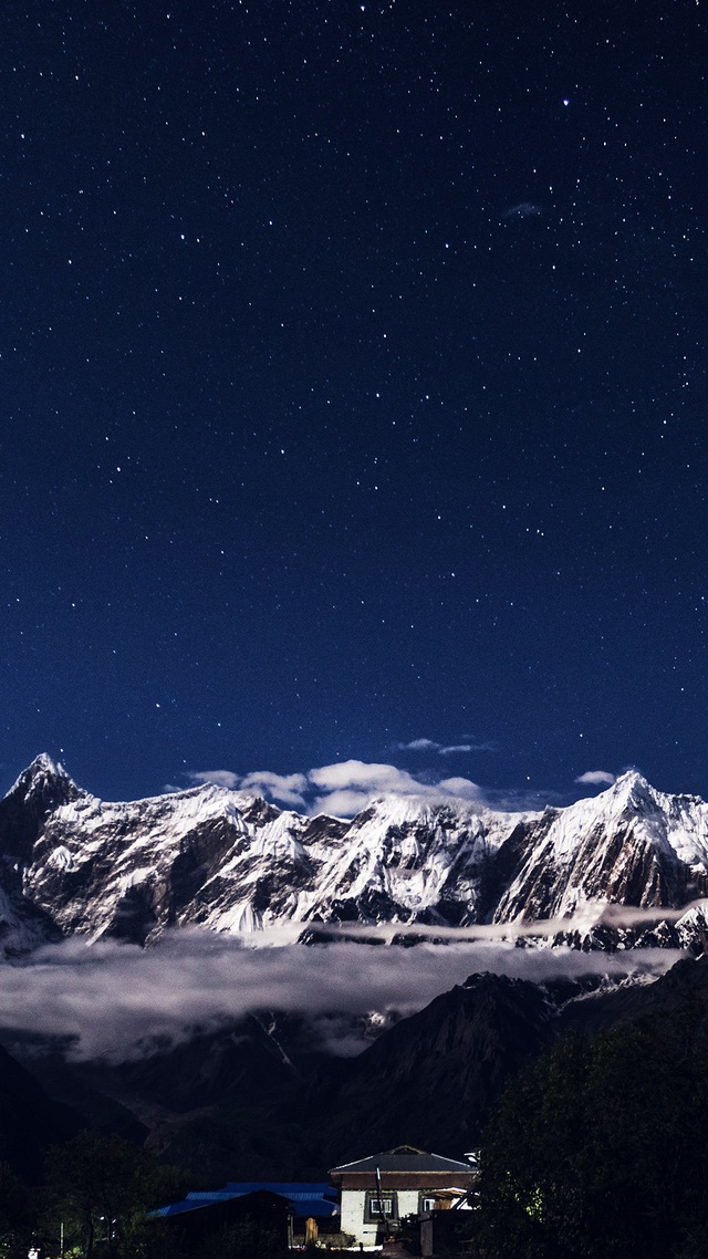 星空,城镇,雪山