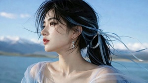 蓝丝带湖畔氛围感美女