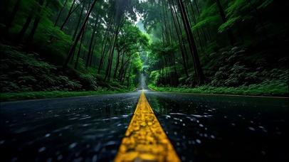 柏油森林公路上的雨季