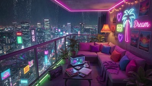 赛博露台雨夜城景