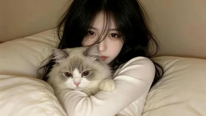 居家女孩和猫咪