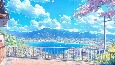 樱花树木海景带鱼屏