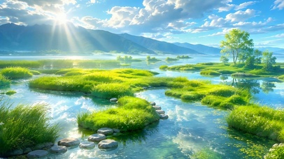 晨光绿野河流治愈风景