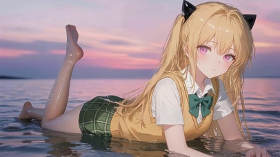 黄昏海面可爱女孩