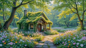 治愈林间花海童话小屋