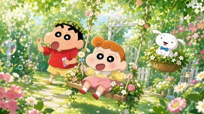 蜡笔小新春日花海荡秋千