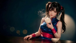 双马尾旗袍少女持热包子