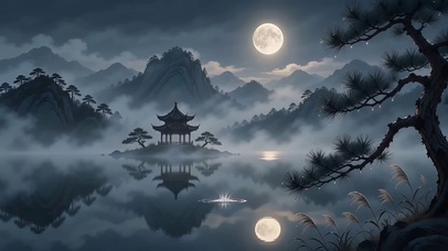 冷月照青山，薄雾入画来