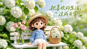 绣球花旁的可爱草帽女孩