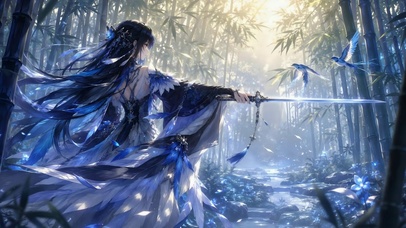 蓝调竹林持剑古风美少女