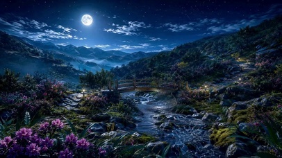 静谧月夜山间溪流美景