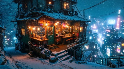 雪夜城市小屋