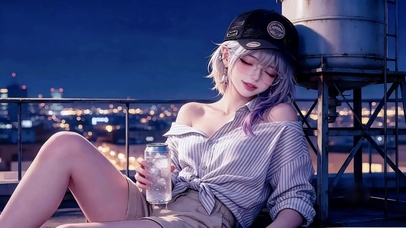 天台喝冰饮棒球帽少女