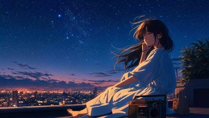 城市夜晚天台少女
