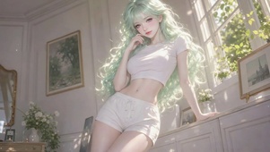 窗边浅绿长发清纯美少女