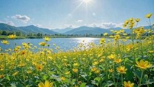 晴空湖畔黄花清新自然风景