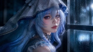 蓝发少女雨夜窗边唯美壁纸