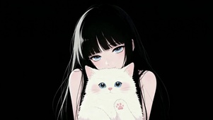 黑发蓝眼少女抱可爱白猫