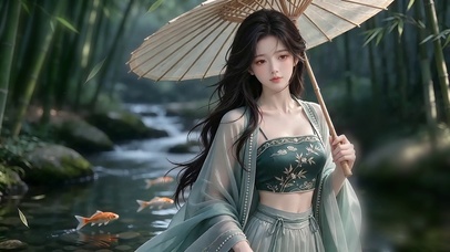 溪竹林间执伞少女