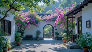 静谧古风庭院花开烂漫