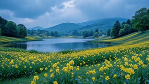 静谧湖畔黄花山野风景