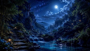 月夜溪谷幽景