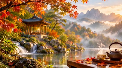 山水湖畔落叶