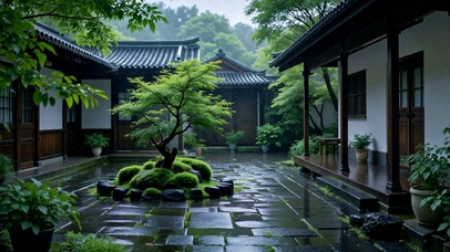 雨天古风庭院清幽美景