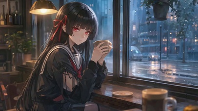 雨天咖啡馆窗边少女千咲