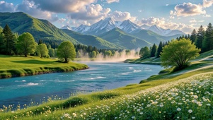 清新治愈河谷雪山风景