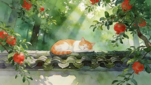 石榴树墙头猫咪