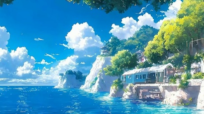白云树木海景带鱼屏