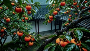 治愈氛围感雨中柿子