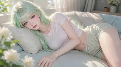 清新浅绿发居家美少女