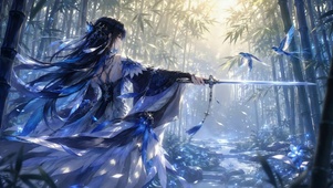 蓝调竹林持剑古风美少女