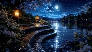 月夜湖畔星空樱花夜景