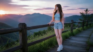 山间落日下的清纯美少女