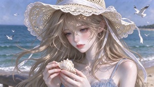 4K唯美听海的蕾丝帽女孩