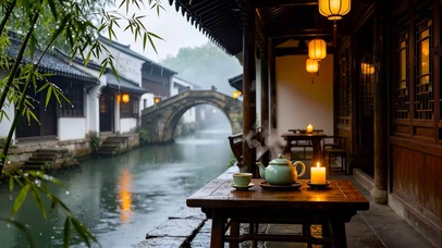 雨天江南古镇品茶
