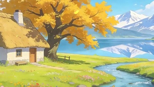 秋季白云树木河流带鱼屏
