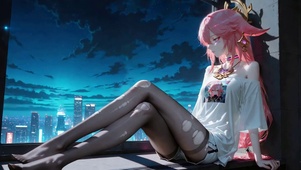 都市夜景窗边粉发美少女