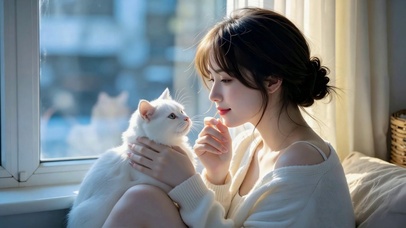 窗边美女与猫咪治愈日常