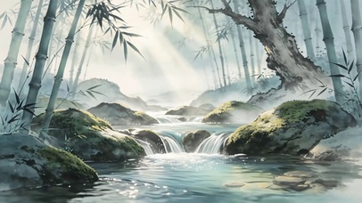 水墨竹林溪流