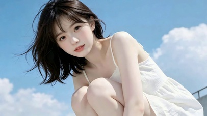 蓝天白云下清纯白衣美女