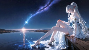 星空湖畔银发白裙美少女