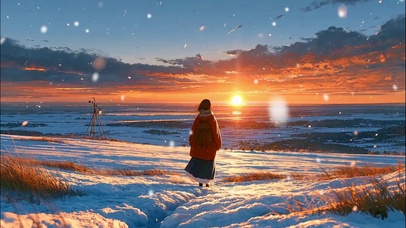 雪覆归途，一人一黄昏