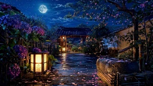 静谧月夜古风庭院夜景